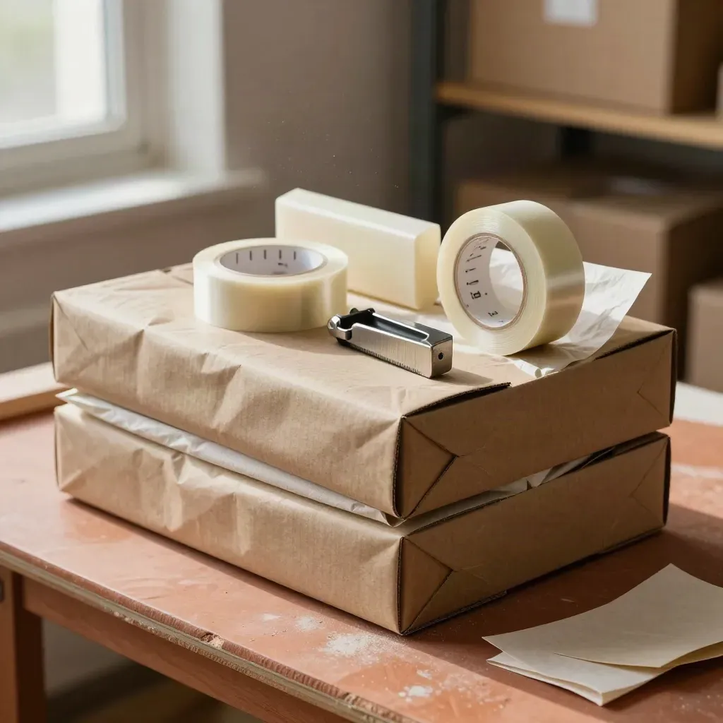 Overhead pack-out kit of kraft cartons, tissue wrap, tape rolls and cutter on a terracotta bench.