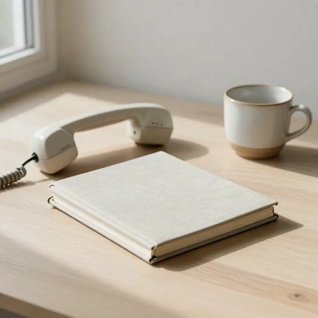 Closed notebook, handset, cup and stone paperweight on pale wood in soft daylight.