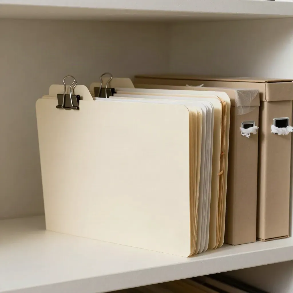 Nested project folders and archive boxes on a pale plaster shelf in soft side light