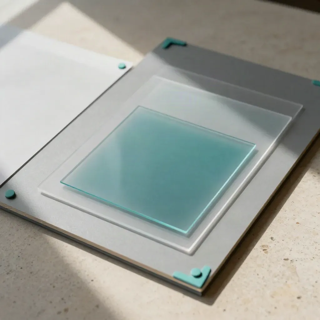 Overhead flatlay of acetate overlays, proof corners, sea-teal tabs and matte sample board.