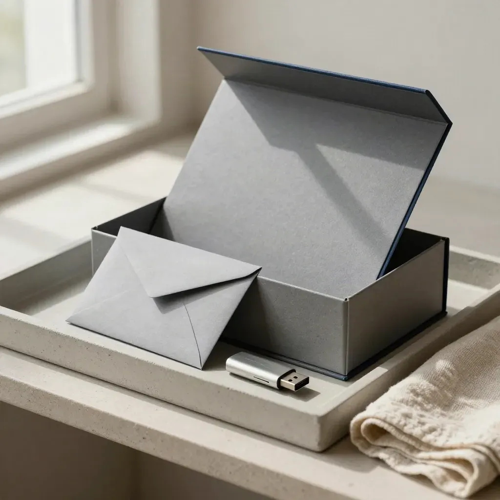 Slim archive box kit with USB drive, sealed envelope and card sleeve on stone tray, square still life.