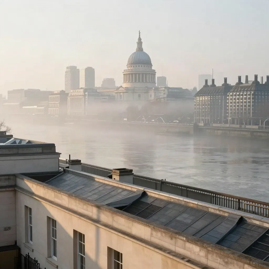 Mist-soft London skyline with pale roofs, a high dome, and river haze above calm copy space.