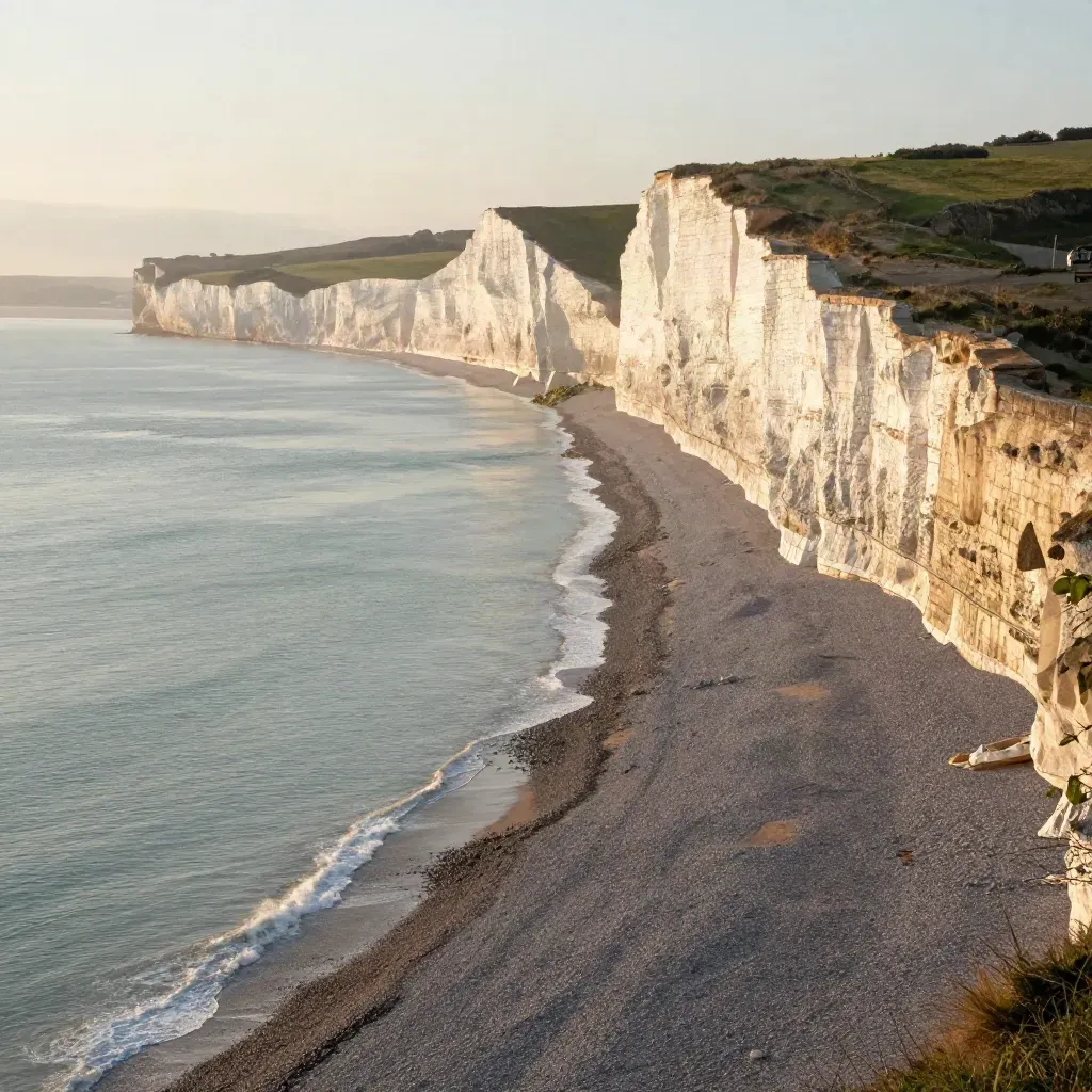 Pale chalk cliffs above a hazy shingle beach with a thin wave and seawall at golden hour.