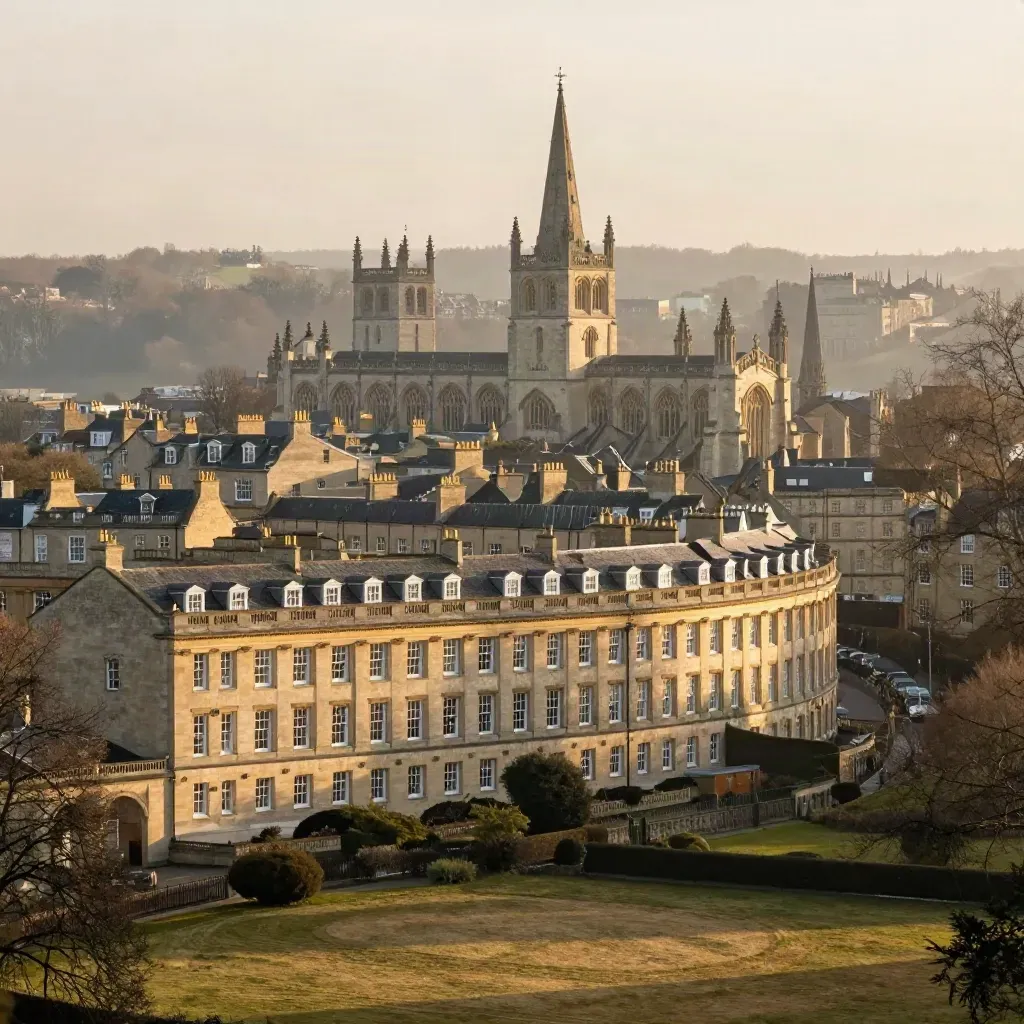 Golden-hour Bath skyline with crescents, cathedral towers and hazy valley below.