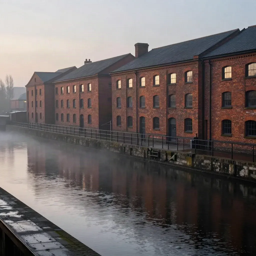 Foggy Manchester warehouses above a calm canal at blue hour, wide elevated view