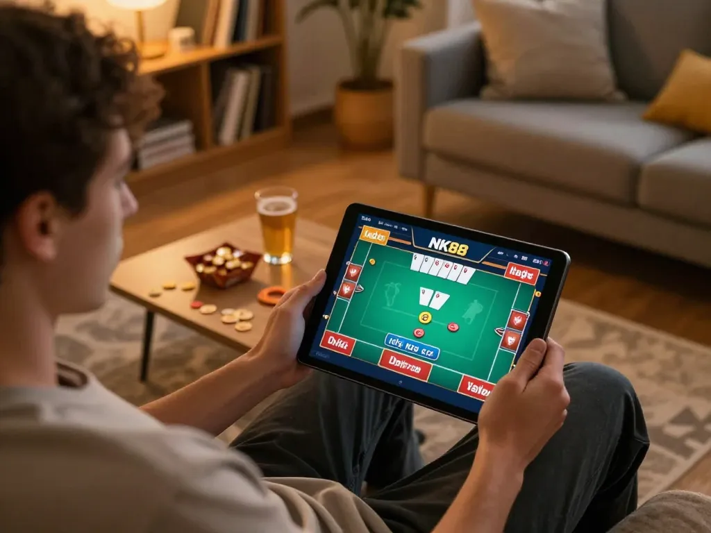 Player enjoying NK88 online poker game on tablet in cozy living room setting.