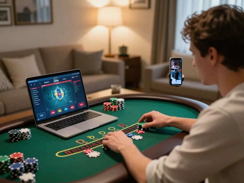 N188 trang chủ player engaging in live dealer blackjack game from home, showcasing comfortable and responsible gambling