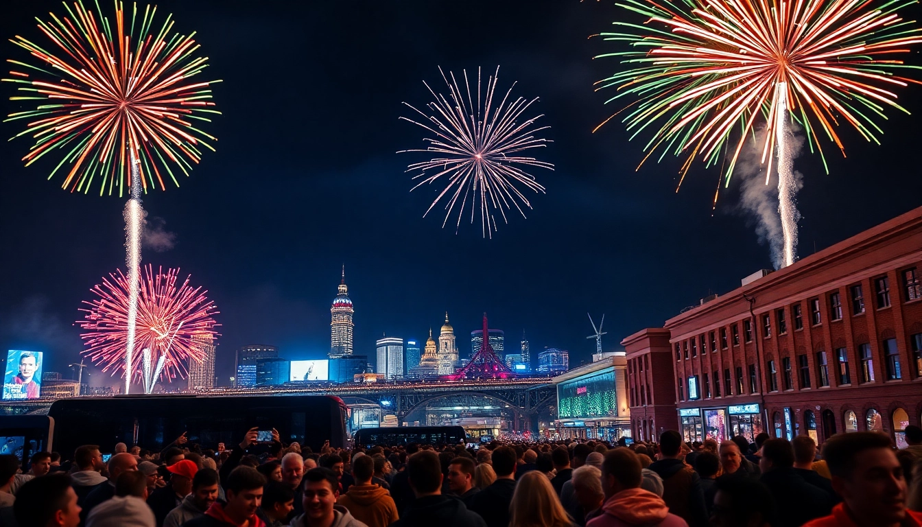 Viewers experiencing manchester fireworks illuminating Manchester's skyline at night.