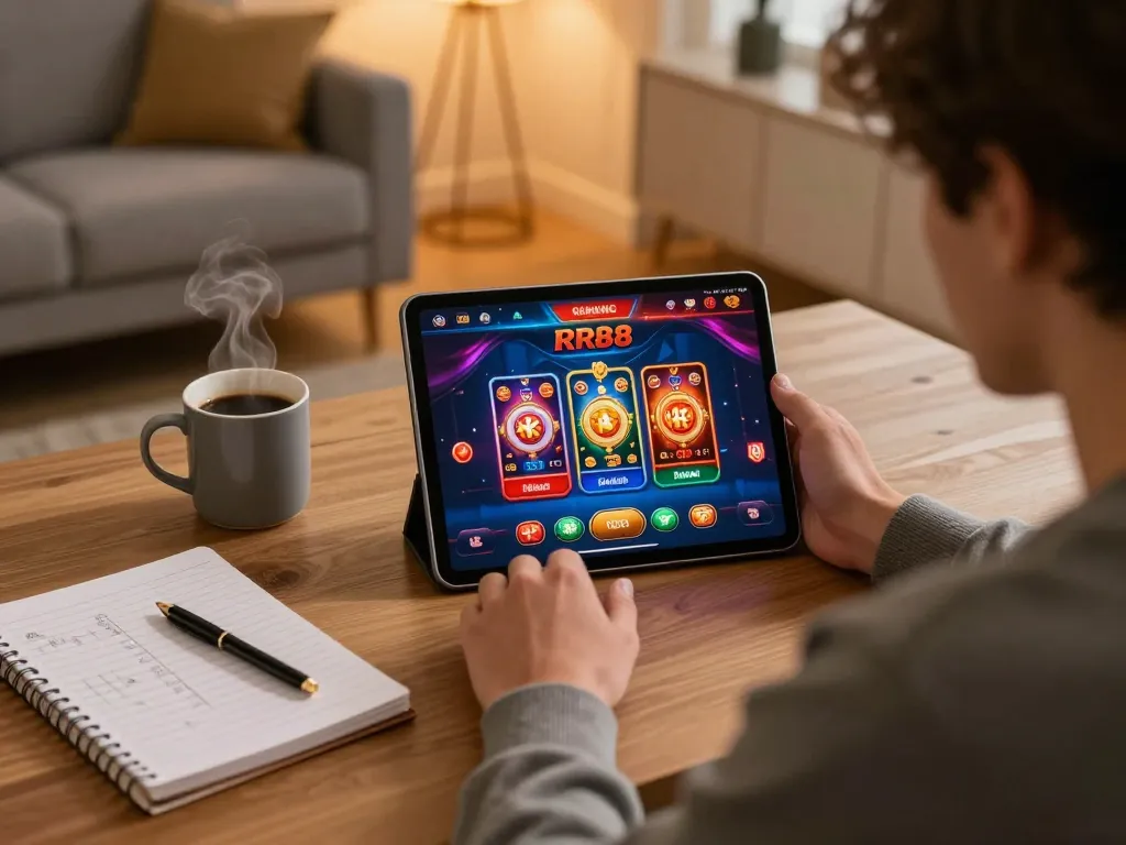 Player enjoying RR88 casino app on tablet at cozy home setup, showcasing relaxed gaming atmosphere.