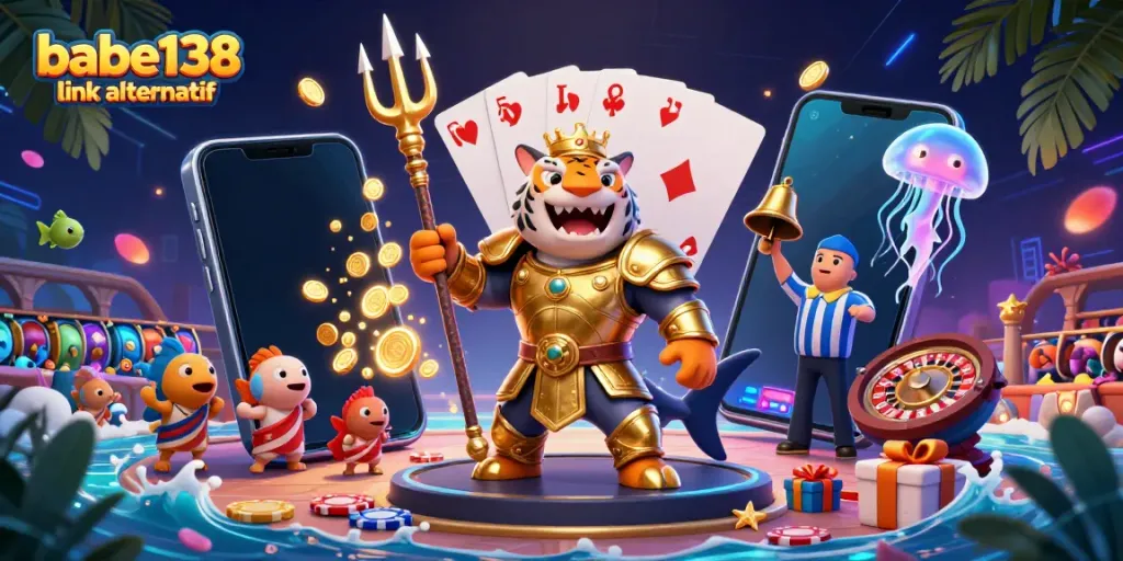 Gambar ilustrasi 3D dari babe138 link alternatif menampilkan hiu kartun berperisai dalam koloseum bawah laut.