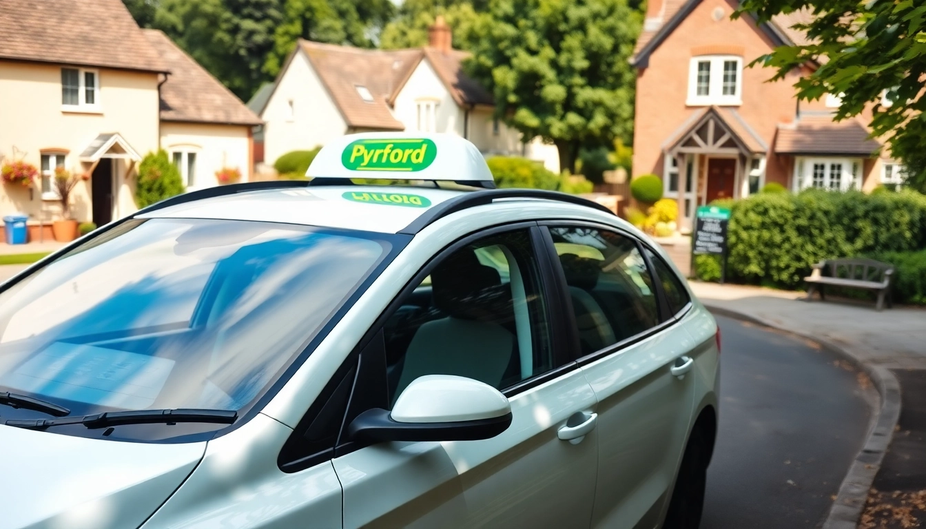 Pyrford taxi service showcasing a modern vehicle in a scenic village setting with bright branding.