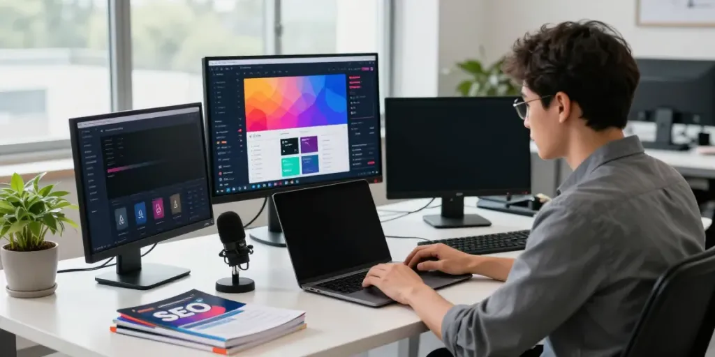Digital marketer analyzing instant indexing strategies in a modern workspace.