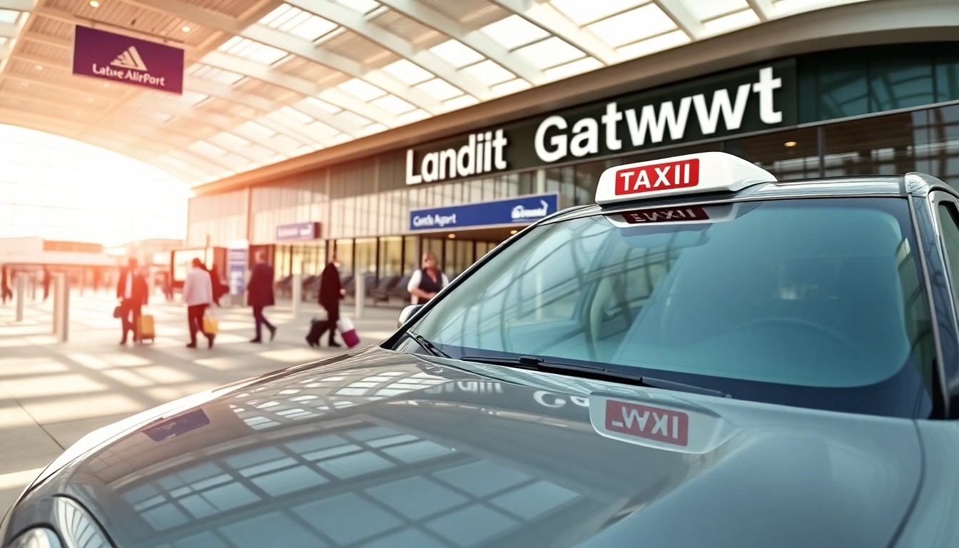 Taxi service in Gatwick with a modern vehicle at the airport terminal.