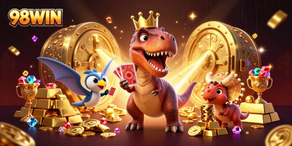 Join the excitement with 98WIN as a friendly T-Rex shuffles cards surrounded by treasures.