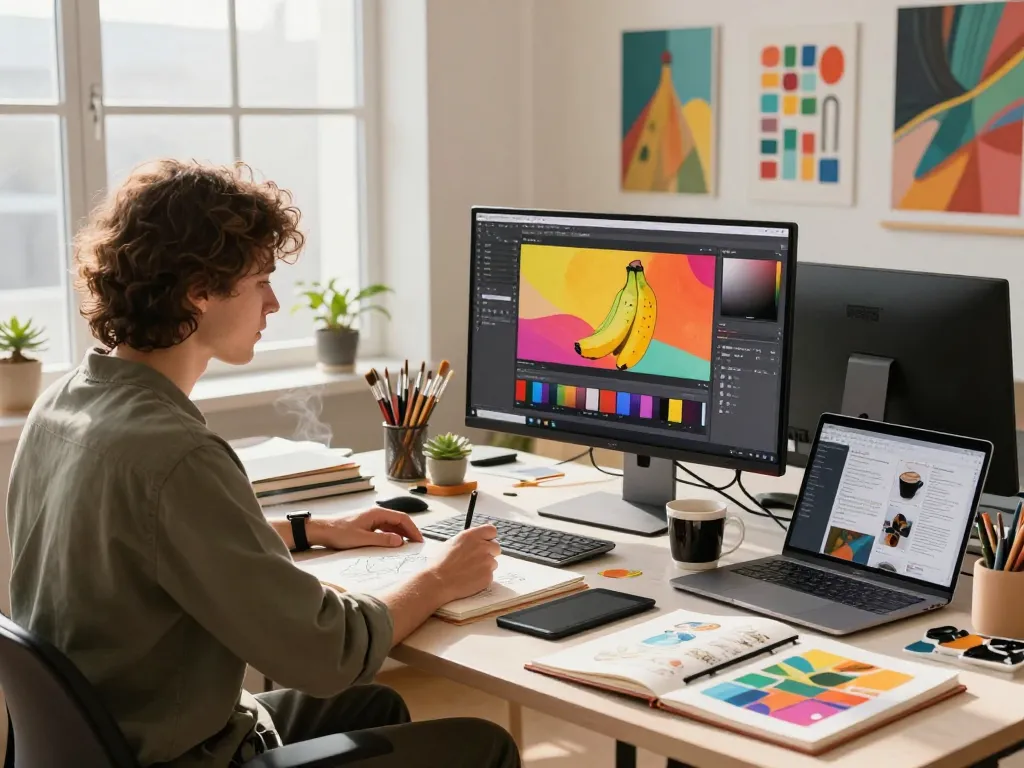 Artist using nano banana pro in a vibrant creative workspace with tools and inspiration.
