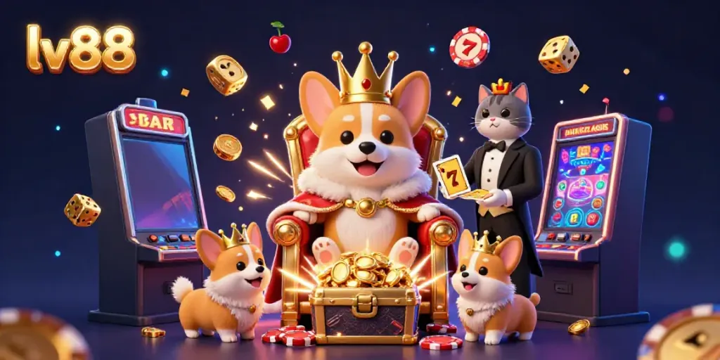 Experience vibrant excitement at lv88 with a royal corgi on a poker chip throne alongside a cat butler.