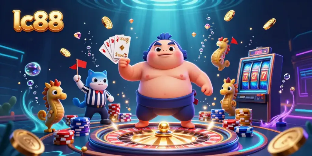 Engage with the thrilling underwater gaming scene featuring lc88, as seahorse spectators cheer on a sumo fugu.