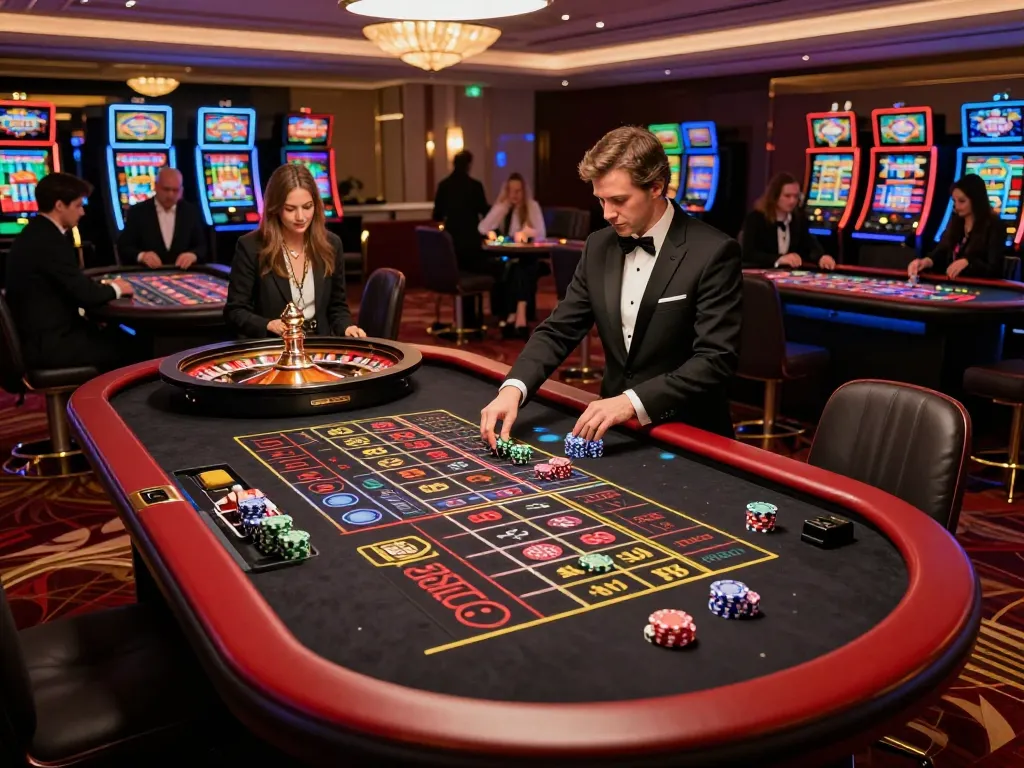 Engaging scene of rokok88 login at roulette table, highlighting player interaction and dealer's spin