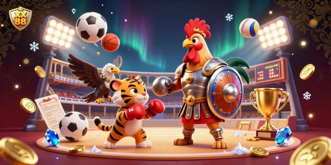 Engage in thrilling games with xx 88 as a gladiator rooster and tiger cub spar with sports elements.