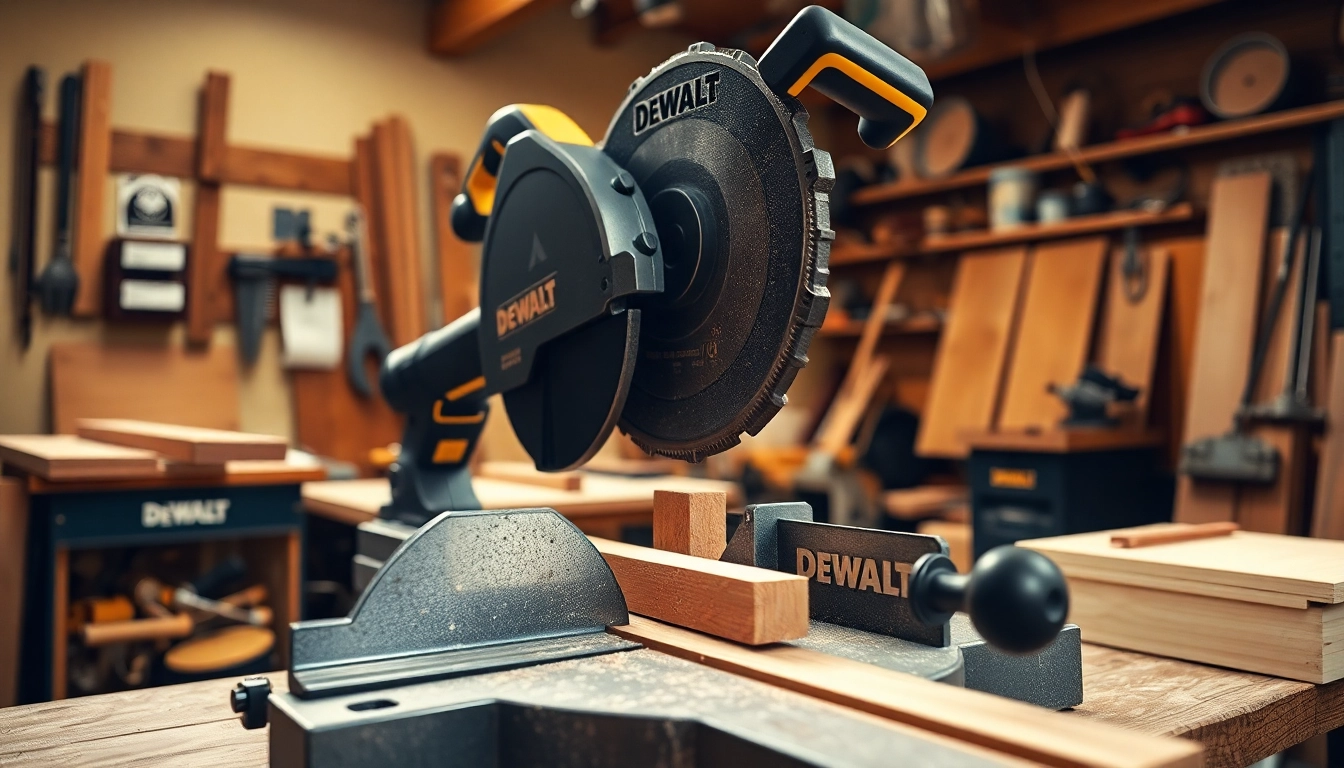 Dewalt mitre saw cutting wood with precision in a workshop setting