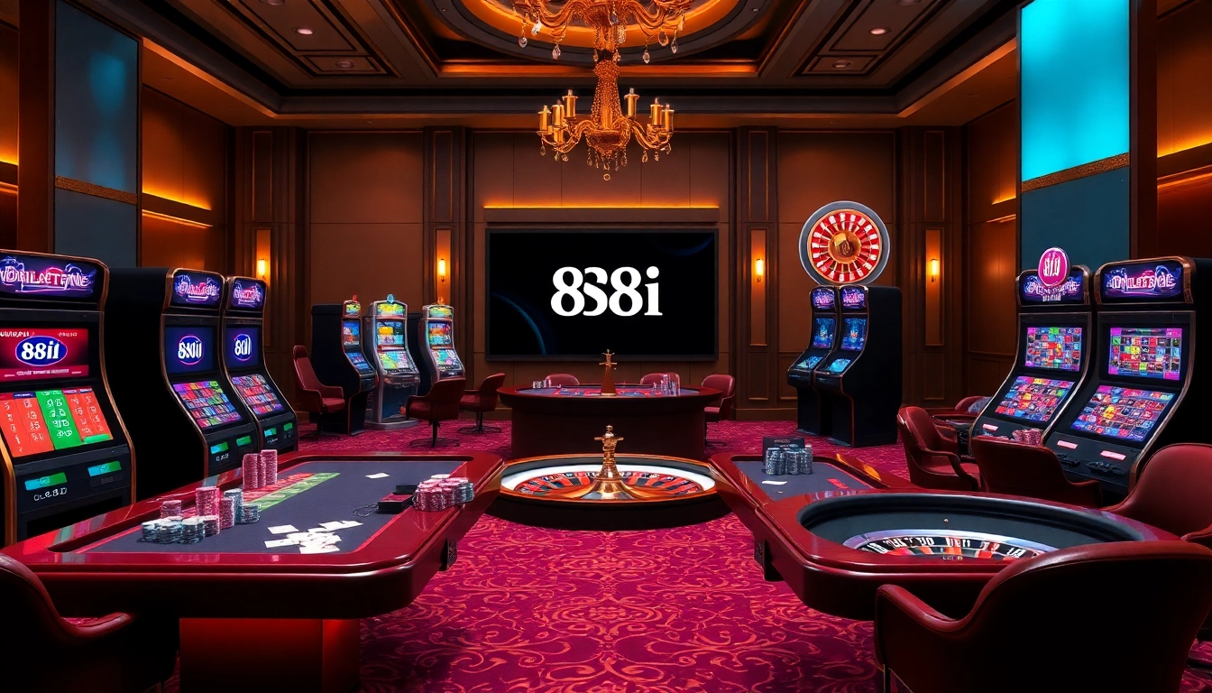 Exciting casino scene featuring 88i online gambling interface with poker chips and a roulette wheel.