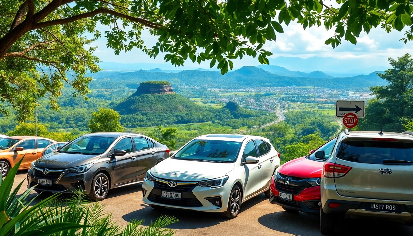 Car rental in Kuching Sarawak with diverse vehicles against a lush green backdrop.