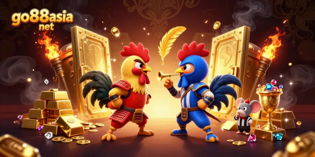 Engage in thrilling cockfighting with go88asia net's dynamic showdown, featuring richly detailed roosters and gold!
