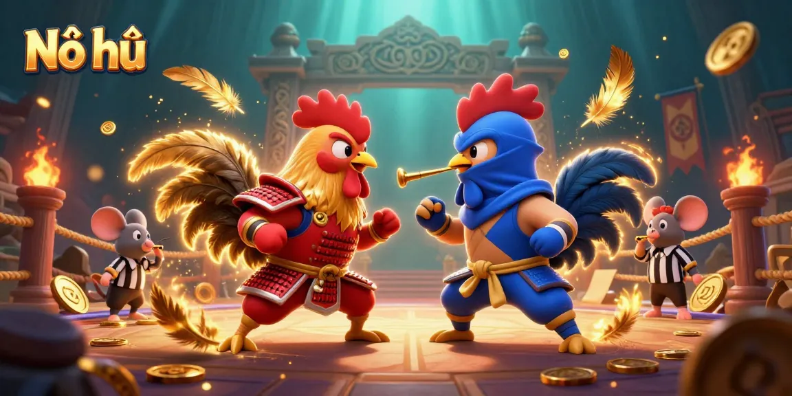 Engaging Nổ hũ illustration featuring dynamic roosters and casino elements.