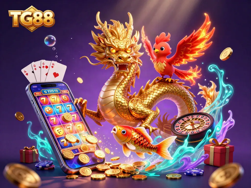 Engage in thrilling betting with TG88, showcasing a vivid 3D scene of a dragon, phoenix, and koi fish