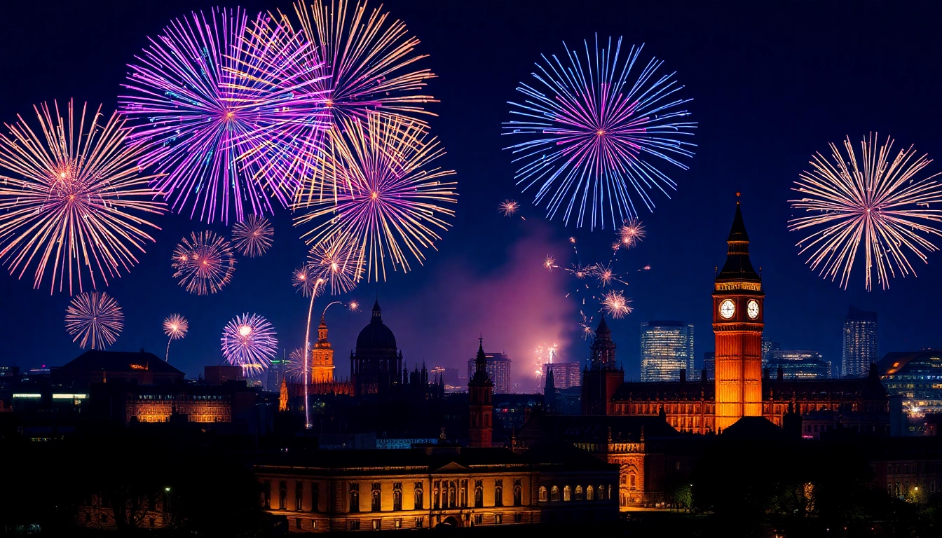Experience the dazzling Manchester fireworks lighting up the night sky with vibrant colors.