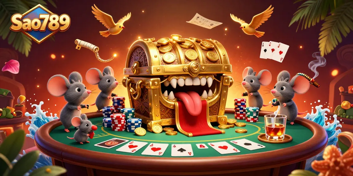Sao789 captivates players with a vibrant casino scene, showcasing colorful poker elements and treasure