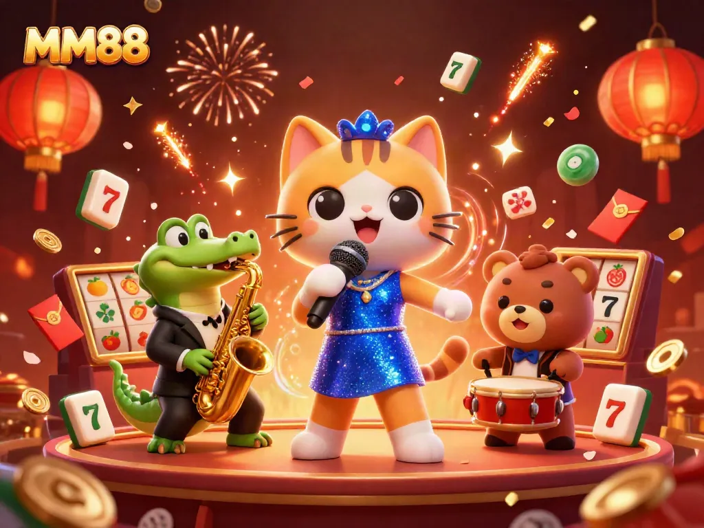 Engage with MM88 in a vibrant casino scene featuring a singing cat, a saxophonist crocodile, and a drumming bear.