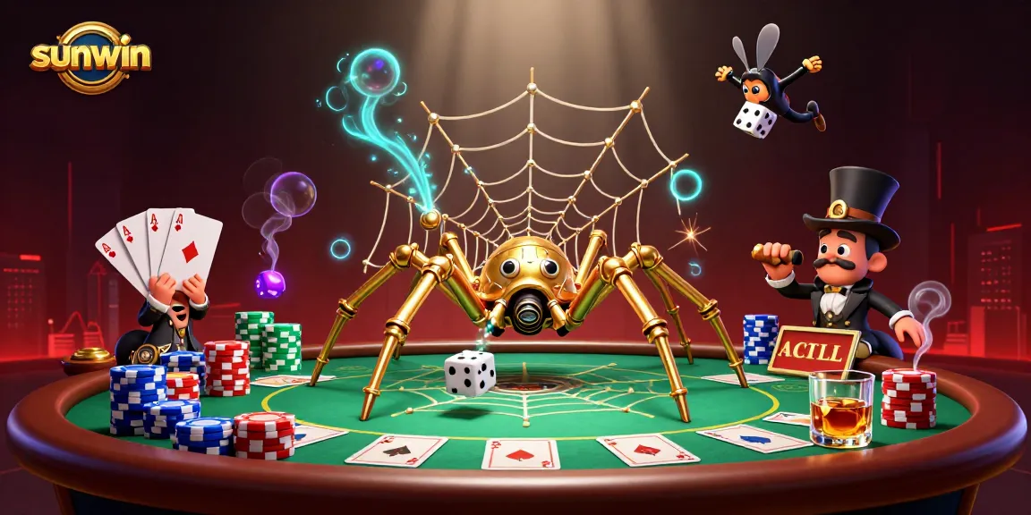 Experience sunwin's vibrant casino magic with a steampunk spider amidst poker chips and golden chains.