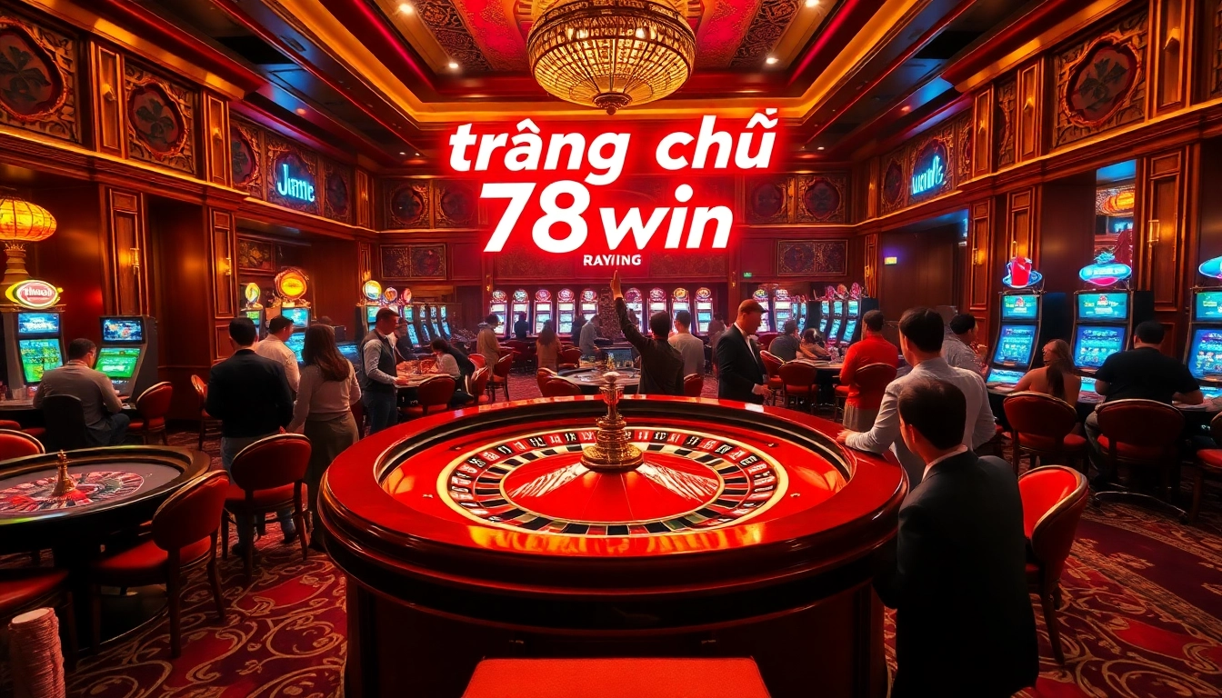 Players enjoy the thrill of betting at trang chủ 78win roulette tables, surrounded by vibrant casino decor.