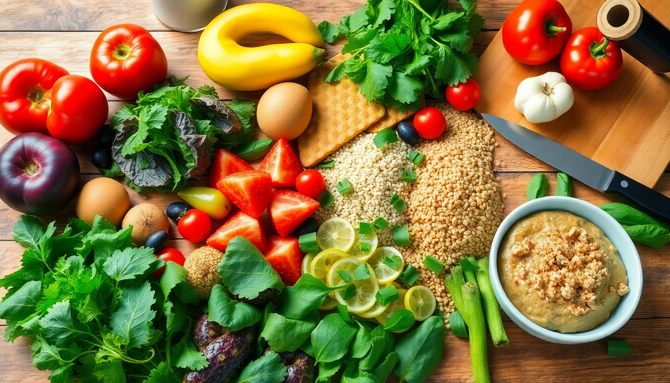 A vibrant spread of healthy food options showcasing colorful fruits and nutritious greens.