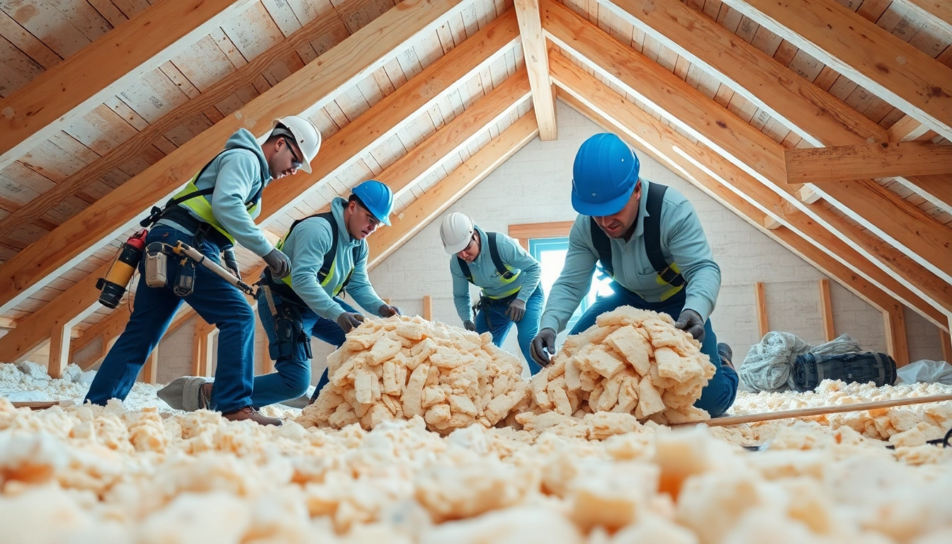 Roof insulation removal company team extracting insulation in a clean attic environment.