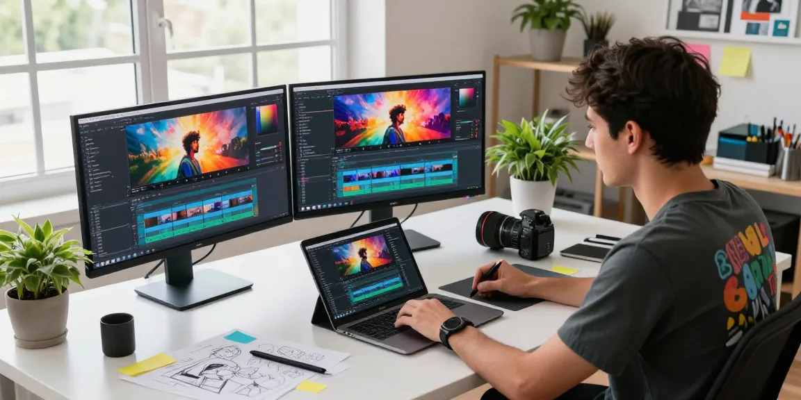 Designer using the video to prompt tool in a bright creative workspace, showcasing AI-generated video prompts.