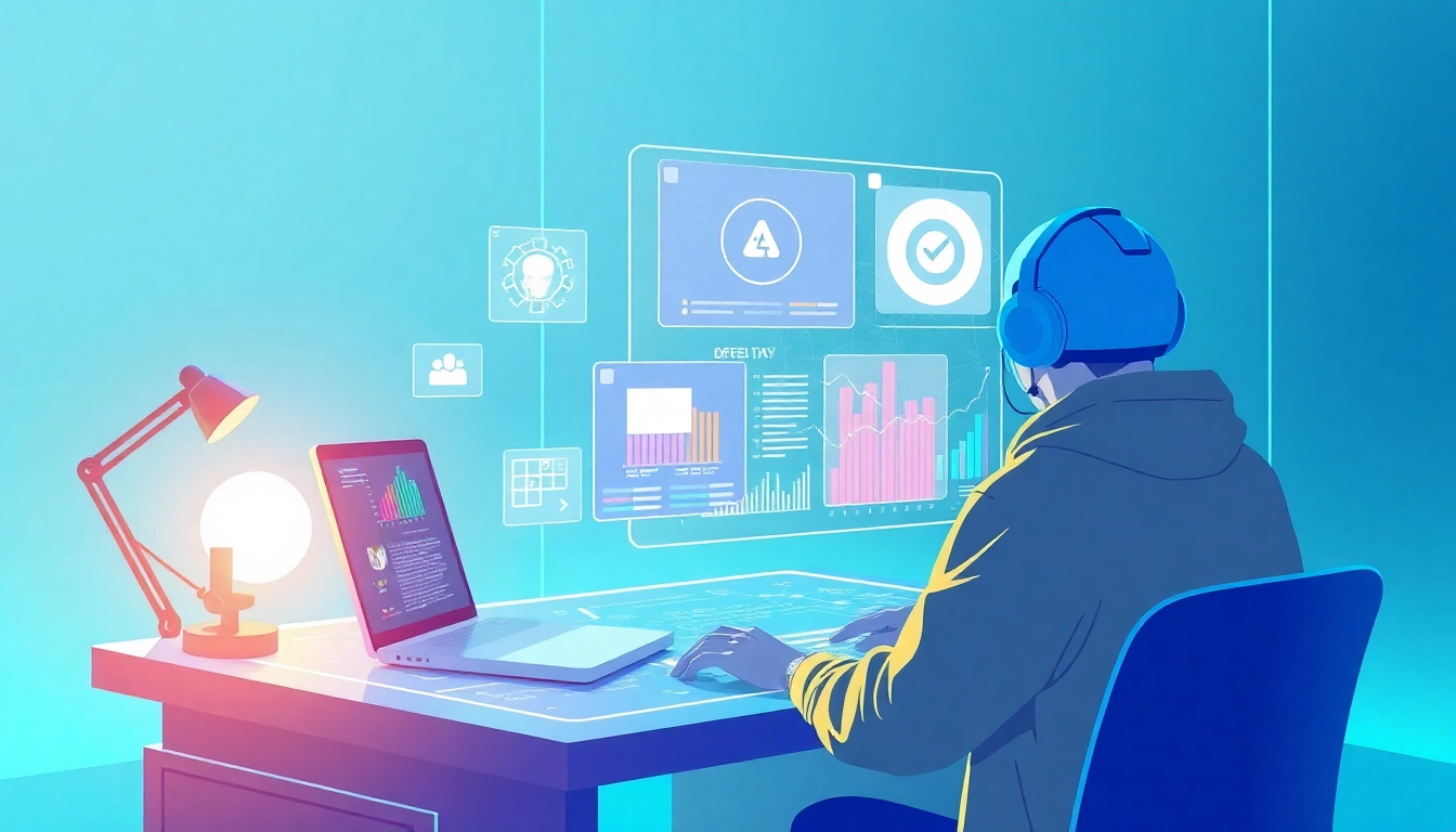 Engage with Janitor AI in a futuristic workspace showcasing advanced technology and creativity.