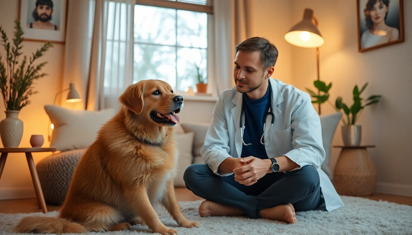 Anxiety treatment Sydney with a compassionate psychologist and therapy dog in a serene setting.