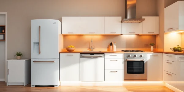 Showcase high-quality бяла техника in a modern kitchen, featuring a stylish dishwasher, refrigerator, and oven.