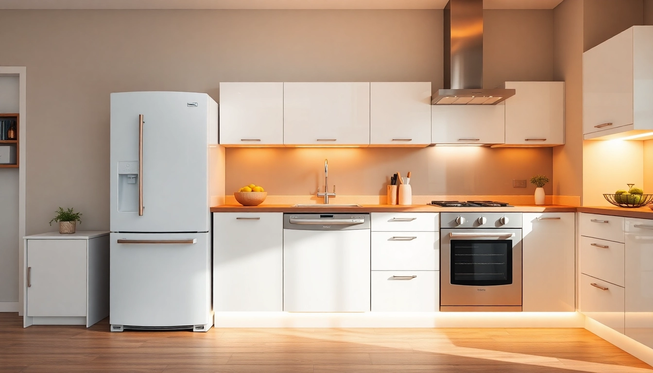 Showcase high-quality бяла техника in a modern kitchen, featuring a stylish dishwasher, refrigerator, and oven.