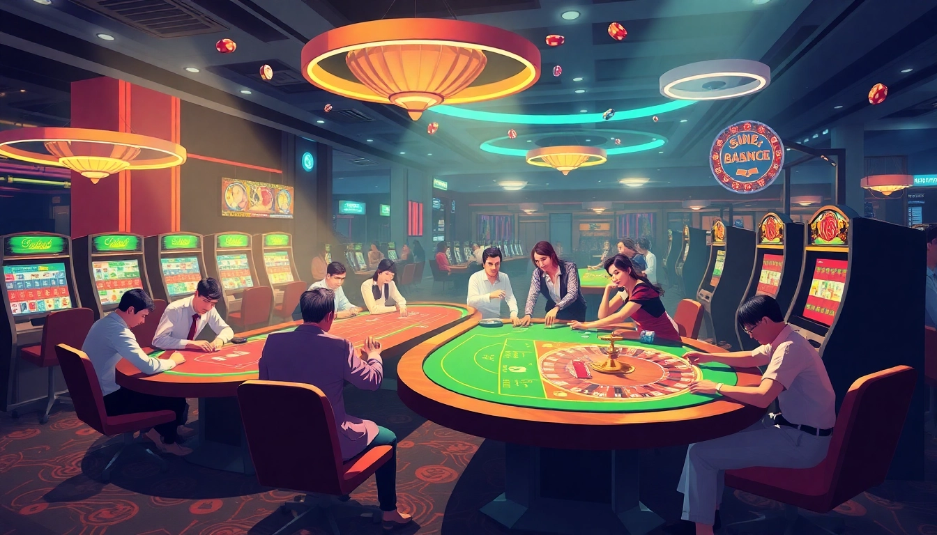 KJC AC 2 showcases an engaging gambling scene with players at casino tables and vibrant slot machines.
