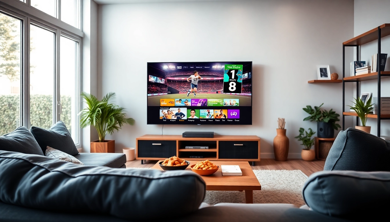Stream live sports with iron IPTV in a modern living room setup featuring a sleek TV.
