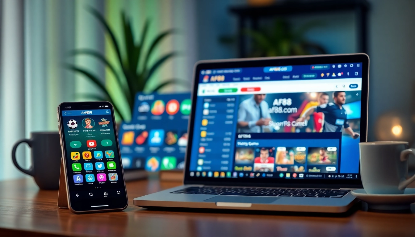 Dynamic online betting platform showcasing af88.com interface on mobile and desktop devices.