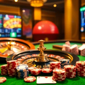 Experience the thrill of winning at thabet77.sa.com with an exciting casino scene featuring roulette, poker chips, and vibrant online betting.