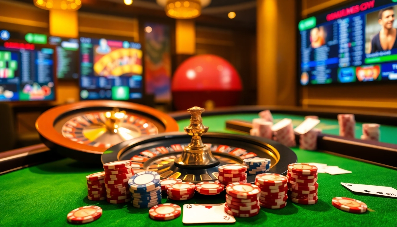 Experience the thrill of winning at thabet77.sa.com with an exciting casino scene featuring roulette, poker chips, and vibrant online betting.