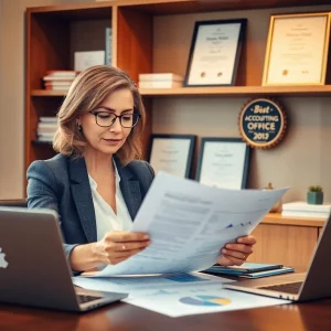 Księgowość dla spółki budowlanej przedstawiona w profesjonalnym środowisku biurowym, księgowy przeglądający dokumenty finansowe.