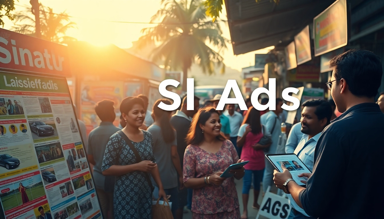 Engaging community marketplace scene featuring diverse people viewing Sl Ads.