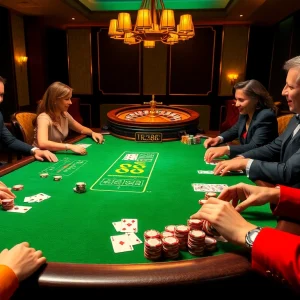 Exciting casino scene featuring rr88 at a poker table with vibrant chips and cards.
