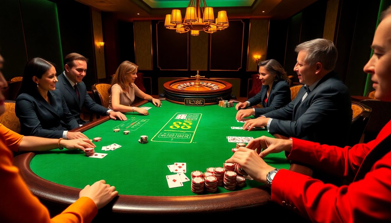 Exciting casino scene featuring rr88 at a poker table with vibrant chips and cards.